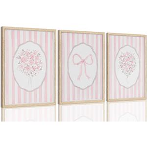 Framed 3 Piece OAK Wall Art Pink Floral Pink Striped Flower Canvas Prints | Coquette Bow Pictures Wall Decor Minimalist Botanical Aesthetic Paintings Artwork for Bedroom Bathroom Living Room 16x20in