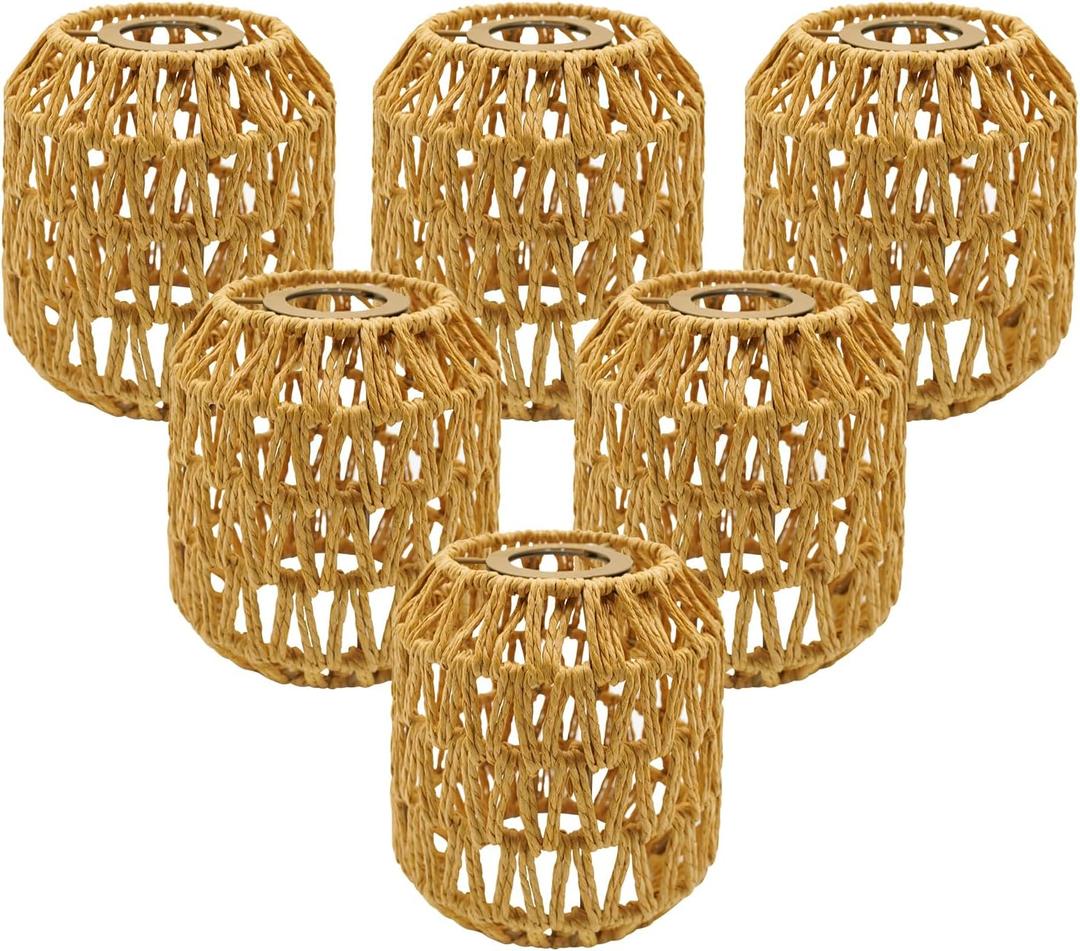 6-Pack Boho Rattan Lamp Shades - Handwoven Natural Wicker Lampshades for Pendant Lights, Chandeliers, Wall Sconces, Floor & Table Lamps Vintage Farmhouse Home Decor