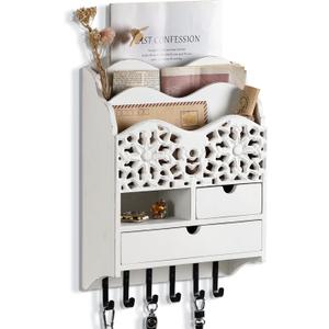 3-Slot Mail Sorter Organizer Wall Mount with 6 Hooks, Key Holder for Wall Decorative with 2 Drawer, Key Rack Hanger for Home Coat/Letter/Magazines/Dog Leash/Entryway/Room Decor