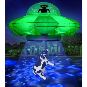 Alien Party Decorations 4.2FT Hanging UFO Cow Abduction Inflatable Alien Inflatable UFO Halloween Blow Up Built-in Green LED Blue&White Flashing Light with Cow Outdoor Indoor Home Garden Lawn Decor
