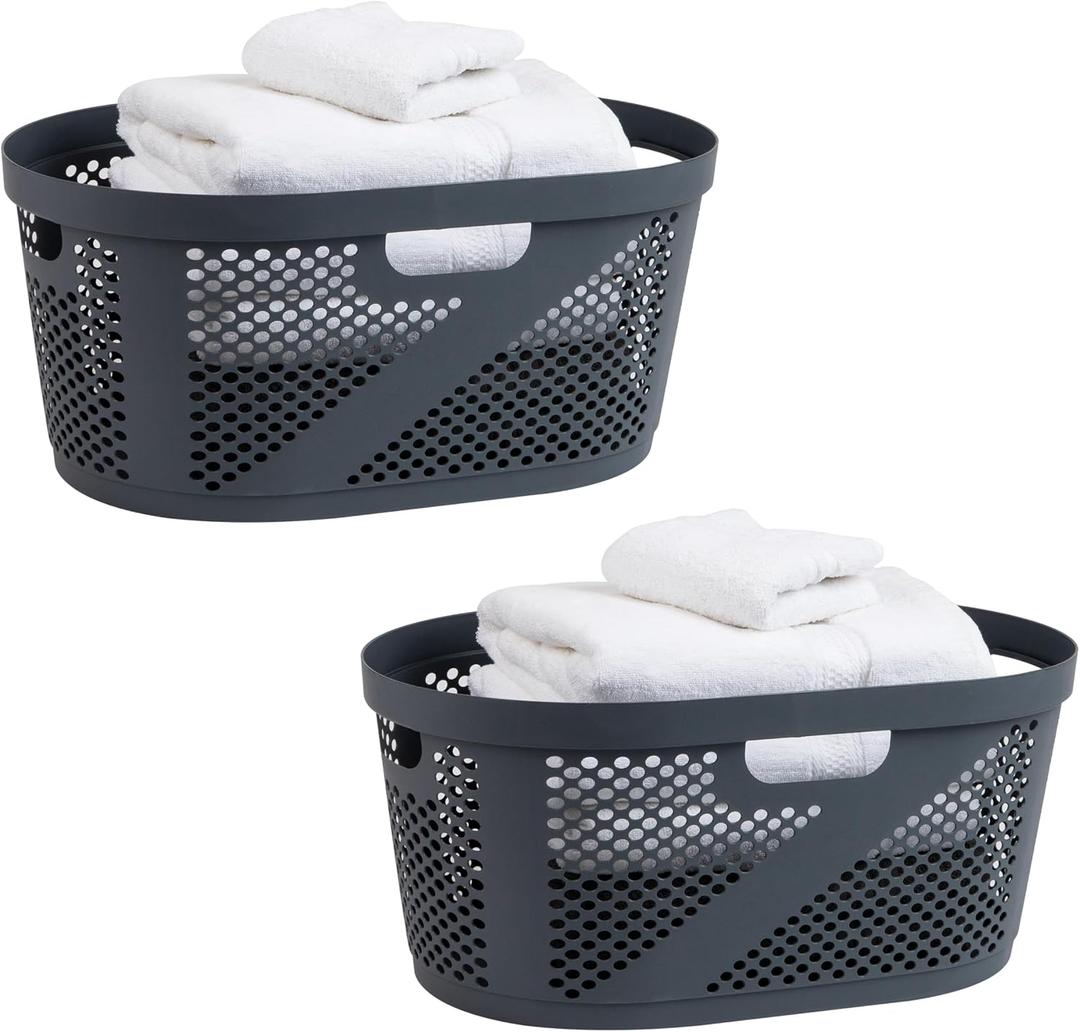 Mind Reader 40L Ventilated Laundry Baskets, Lightweight Clothes Hamper with Cutout Handles for Bathrooms and Closets, Plastic, Set of 2, Gray