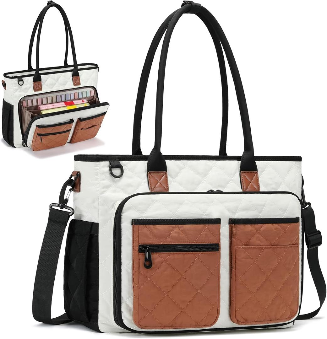 Teacher Tote Bag for Women, Large Teacher Work Bag with Accordion File Organizer Pocket, 15.6 inch Laptop Briefcase (Brown)