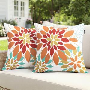 Floral Outdoor Pillow Covers Waterproof Spring Throw Pillow Cases Orange Yellow 20x20 Inch Set of 2 Decorative Summer Cushion Covers for Patio Furniture Garden Bench Porch Sofa
