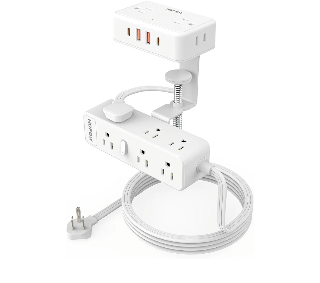 Dual Layer Desk Clamp Power Strip, White Desktop Edge Mount Charging Station with 13 Outlets 4 USB Ports (2 USB C), Under Desk Surge Protector(1700 Joules)