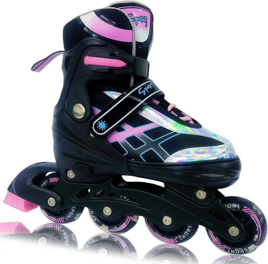 Adjustable Inline Skates for Kids and Teens Ages 4-16, All 8 Wheels of Inline Roller Skates Light Up, Safe and Fun Illuminating for Outdoor Indoor Sports (Black-Pink, Size 7)
