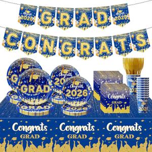 123 Pcs Blue And Gold Graduation Decorations 2026,Graduation Decorations 2026 Deals Set Include Tablecloth , Paper Plates, Cups,Forks, Napkins, Grad Banner Is Suit For Any Grad Party.