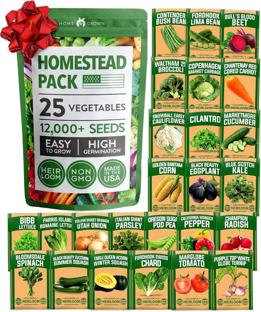 HOME GROWN 25 Heirloom Vegetable Seeds Kit - 12,000+ Non-GMO Seeds for Planting Vegetables, Survival Garden Seed Vault, Tomatoes Carrots Beans Kale Peppers, Indoor Outdoor Garden