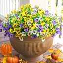 Artificial Fall Fake Mums Flowers Plants for Outdoor Outside Decor, 12 Bundles Faux Silk Mixed Pansies Flowers for UV Resistant Realistic for Planter Front Door Porch Yard Patio Window Box Decor (Purpleyellowwhite)