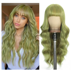 Matcha Green Wigs with Bangs Long curly wavy Wig for Women Natural Wig Wear and Go Synthetic Wigs for Daily Party Use 26IN