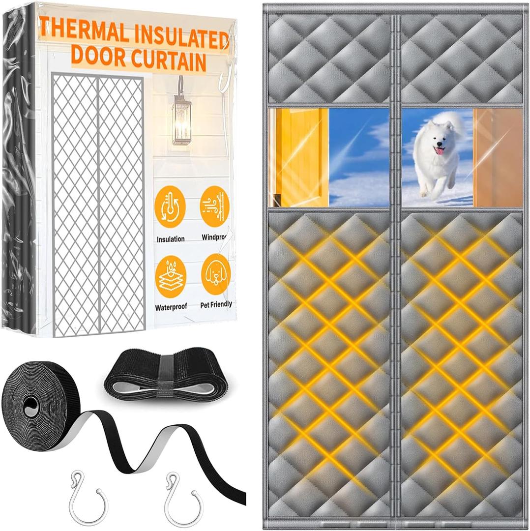 Upgraded Magnetic Thermal Insulated Door Curtain with Perspective Window, Weatherproof Oxford Cloth Filled with Cotton, Fit for Door Size 32" x 80", Doorway Curtains Size 35" x 82" Grey (Grey and Clear)