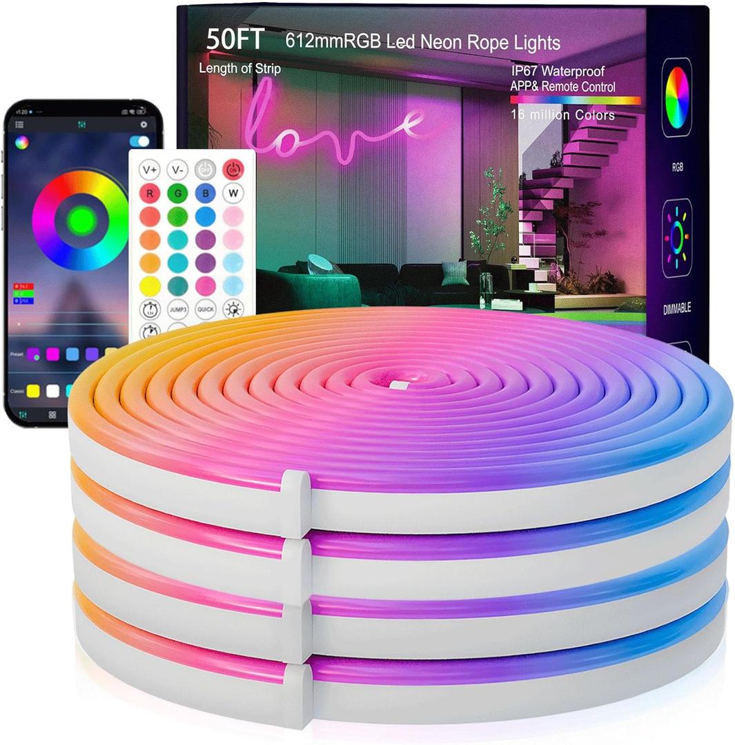 Neon Rope Lights, 50FT RGB Led Strip, Waterproof IP67, DIY Design, Music Sync, 44 Keys Remote Control, Multiple Modes, for Living Room, Bedroom, Holiday Decoration (Multicolor)