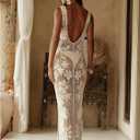 WDIRARA Women's Floral Crochet Sheer Cover Up Maxi Beach Dress Hollow Out Sleeveless Coverups (Beige, M)