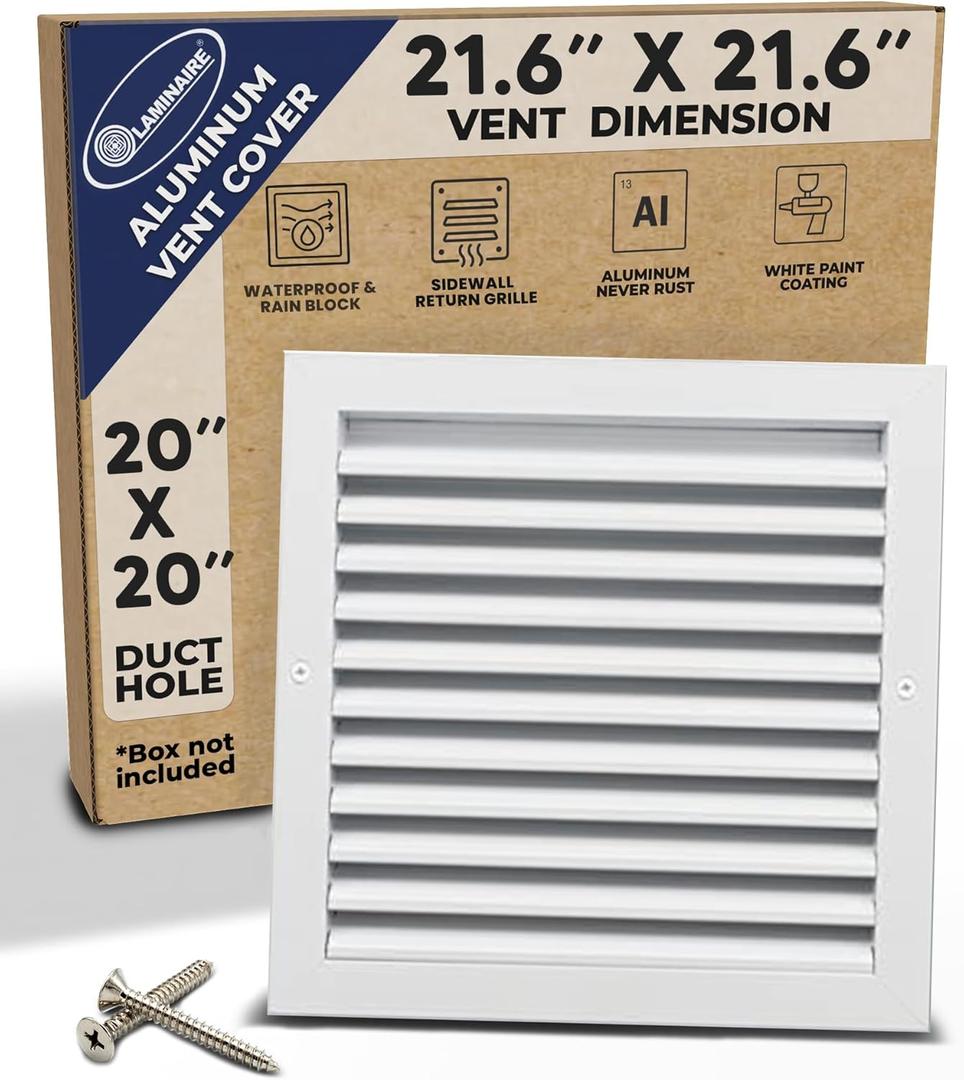 [20 x 20 Duct Hole] Vent Cover. Aluminum Exterior Return Grille HVAC Sidewall - Outside Air Louver Waterproof & Rain Block. Return Grille Outdoor. The Aluminum Never Rust. White [21.6 x 21.6"Face]