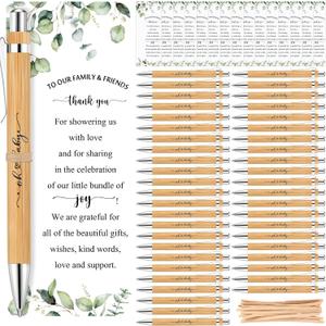 Yeaqee 100 Sets Greenery Baby Shower Pen Gifts for Guest Greenery Woodland Baby Shower Favors Retractable Pens Bamboo Pens Gender Reveal Greeting Cards Souvenirs Prizes