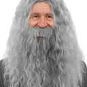 Wizard Gray Wig Beard Long Curly Wavy Hair Grey Men Synthetic Wigs Old Man Halloween Cosplay Party Christmas Costume Accessories Lightweight Realistic
