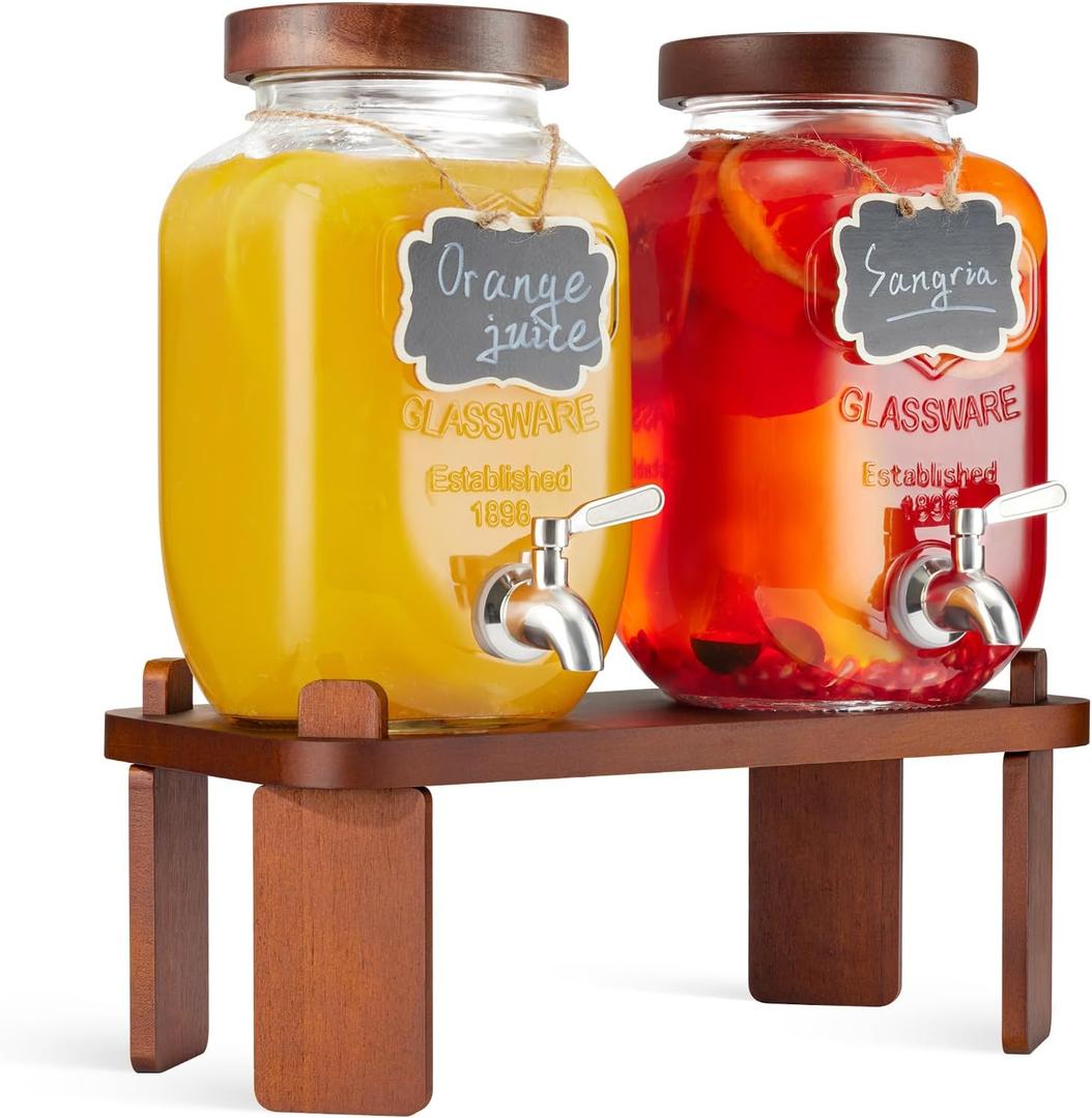 2PCS Glass Drink Dispenser with Wood Stand,1 Gallon Beverage Dispenser for Parties with 18/8 Stainless Steel Leakproof Spigot & Wood Lid,Water Dispenser Countertop for Lemonade Stand,Sun Tea,Weddings