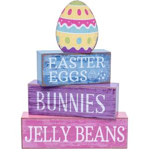 MORTICIA 4 Piece Easter Table Decoration Wooden Blocks with Colorful Egg, Pastel Farmhouse Centerpiece for Home Kitchen Party, Easter Eggs Bunnies Jelly Beans Signs