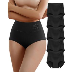 Women's Cotton Underwear High Waisted Tummy Control Stretch Soft Full Coverage Breathable Briefs 5 Packs (Medium)