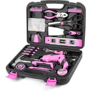 URASISTO Pink Household Tool Set with 3.6V USB Electric Screwdriver, 136 PCS Home Tool Kit with Cordless Lithium-ion Drill Driver, Hand Tool Kits for Women