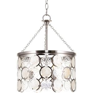 Kira Home Estelle 18" Modern Chic 3-Light Crystal Pendant Chandelier, Wavy Glass + Capiz Shell Accents, Brushed Nickel Finish