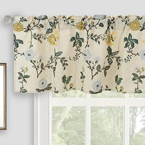 2 Pack Inselnwald Watercolor Colorful Flowers Linen Valance for Windows, Farmhouse Floral Printed Light Filtering Rod Pocket Small Curtains Valance for Kitchen Cafe Bathroom 54" x 18" Green/Mustard/Blue