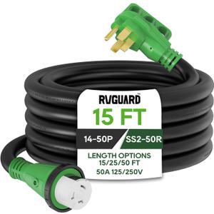 RVGUARD 50 Amp 15 Foot RV Power Cord, 14-50P to SS2-50R Generator Extension Cord, Heavy Duty STW Cord with LED Power Indicator and Cord Organizer, Green, ETL Listed