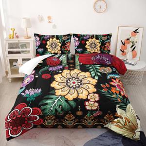 Sunflower Comforter Sets,Floral Botanical 3-Pieces Microfiber Bedding Quilt for Girls Teens,Decorative Bedding Comforter Sets with 2 Pillow Shams, (Colorful Boho Floral, Queen)
