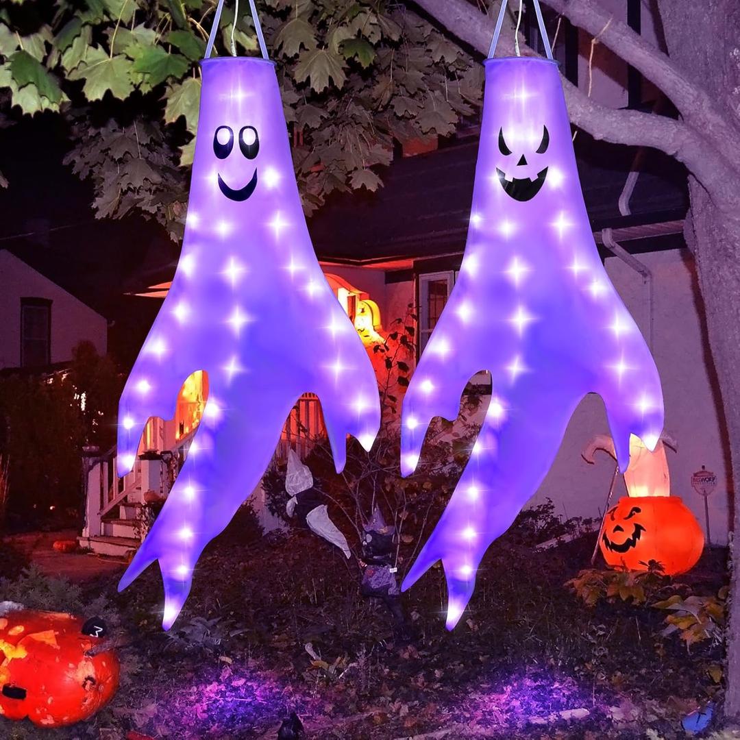 Enhon Solar Halloween Decorations Outdoor, 4 Pack 50 Inch Light Up Scary Ghost Windsocks with Purple LED, Hanging Solar Halloween Lights for Yard Party Garden Tree Graveyard Nightmare Decor
