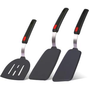 Silicone Spatula Turner Set Large And Thin Flipper Spatulas Heat Resistant 600 F Slotted Flexible Turner Cooking Utensils For Nonstick Cookware Egg,Pancake,Fish,Omelette,Hamburger (3 Pack) (Dark-Grey)