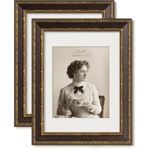 Vintage 11x14 Picture Frame, Ornate Antique Gold 11x14 Frame with Tempered Real Glass, Display 8x10 with Mat or 11 x 14 without Mat for Retro Wall Decor (Brown/Gold, 2 Pack)