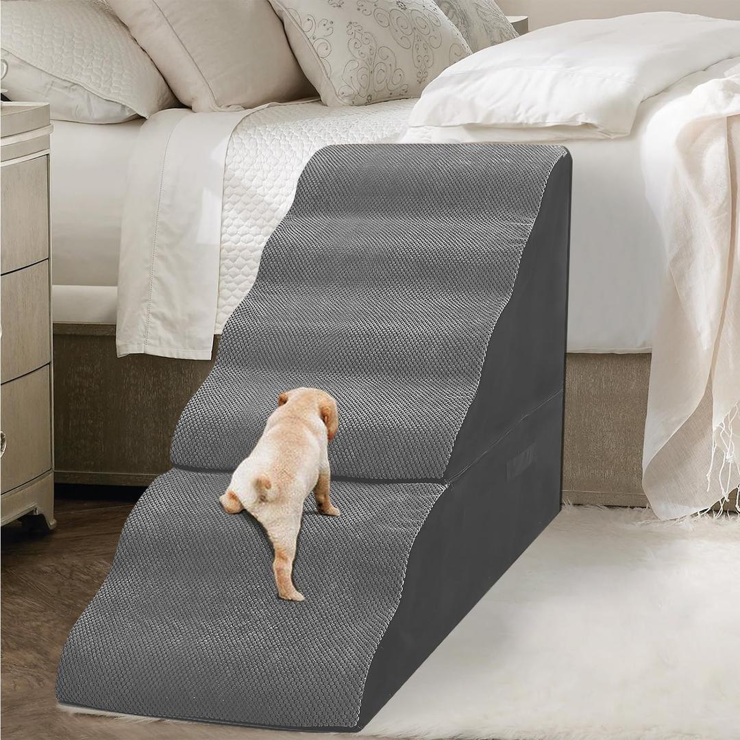 Dog Stairs for High Beds 30-36 inches Tall, 6-Step Dog Steps for Bed 32-36 inches for Small Large Dogs, Doggie Ramp for Bed, 30D Foam Pet Stairs for Old Dogs/Cats, Free-Installation, Grey