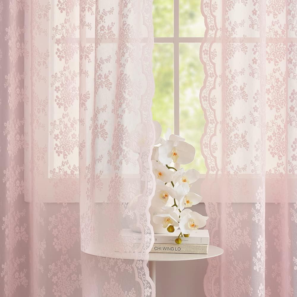 YJ YANJUN Pink Floral Curtains 54 inch Length 2 Panels for Kitchen Vintage Lace Short Curtains for Living Room Bedroom Bathroom Window Voile Sheer Panels Baby Girl Nursery Decor 52" W x 54" L, Pink