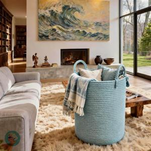 Modern Granny Large Cotton Rope Laundry Hamper 15x20 Inch Dual Secure Woven Handle for Living Room Closet Clothes Blanket Organization