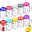Suclain 10 Pack Plastic Mason Jars with Handles, Lids and Straws Mouth Mason Jar Mugs 20 oz Double Insulated Tumbler with Straw Large Clear Plastic Mug for Adults(Classic Color)