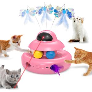 MOHAYA Automatic Cat Toys,4-in-1 InteractiveCat Toys for Bored Indoor Adult Cats, Electric Flying Butterfly,Rechargeable Moving Ambush Feather,Pink Kitter Toy Track Balls