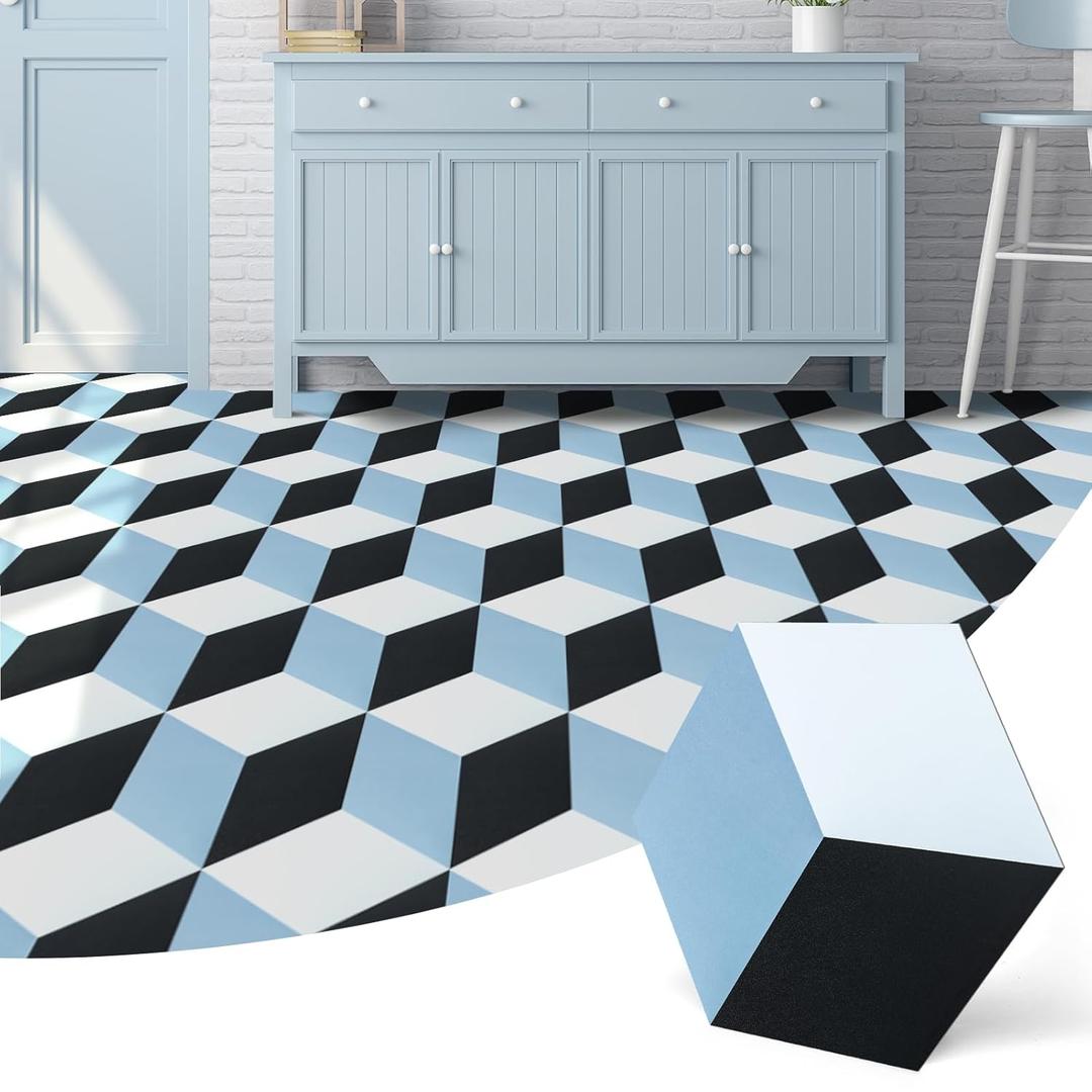Art3d 30-Pack Hexagon Peel and Stick Flooring Tile, Self Adhesive Waterproof Vinyl Floor Tile for Kitchen Bathroom Living Room Bedroom, 11.8" x 10.2" Blue/Black/White