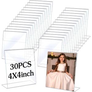 30 Pcs Acrylic Photo Frames 4 x 4 Inch Clear Picture Frames Slant Back Plastic Booth L Shaped Photo Stand Horizontal Small Sign Holder Name Display Stand with Insert for Home Office