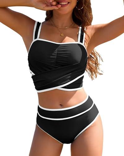 Jolefille High Waisted Bikini Sets for Women Two Piece Swimsuit Tummy Control Bathing Suit Modest Swim Suits Teens Swimwear L 