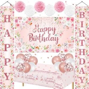 Pink Flowers Birthday Decorations for Women Girls Glitter Rose Gold Floral Happy Birthday Banner Backdrop Balloons Tablecloth Paper Pom Poms for Baby Shower Wedding Birthday Party Supplies