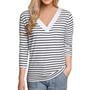LilyCoco Womens V Neck Tops 3/4 Length Sleeve Spring Breton Striped Shirt White Small (White, S)