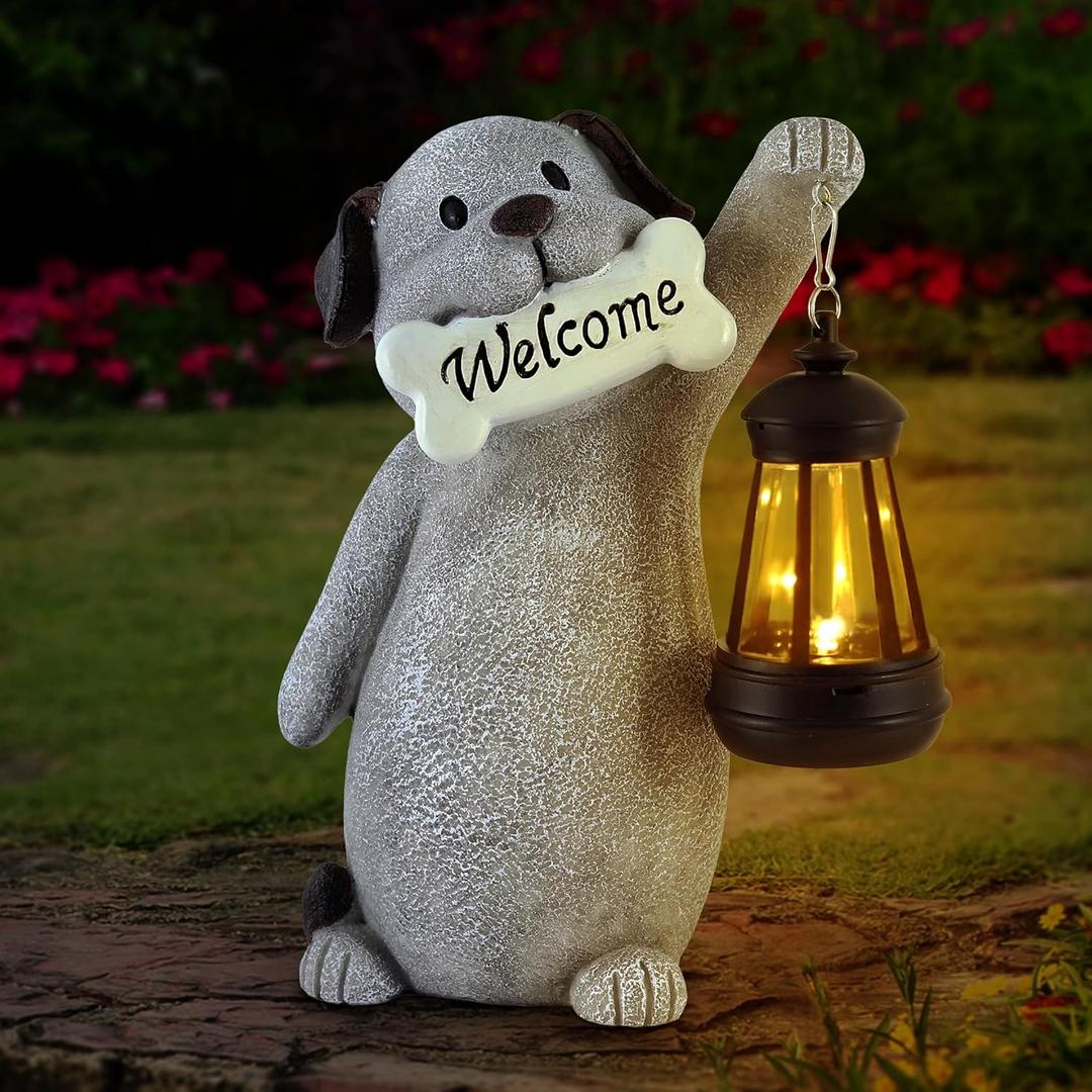 Olekki Solar Dog Garden Statue with Lantern Light  9.2in Outdoor Dog Figurine for Yard Patio Garden Decor, Cute Memorial Gift for Women Mom