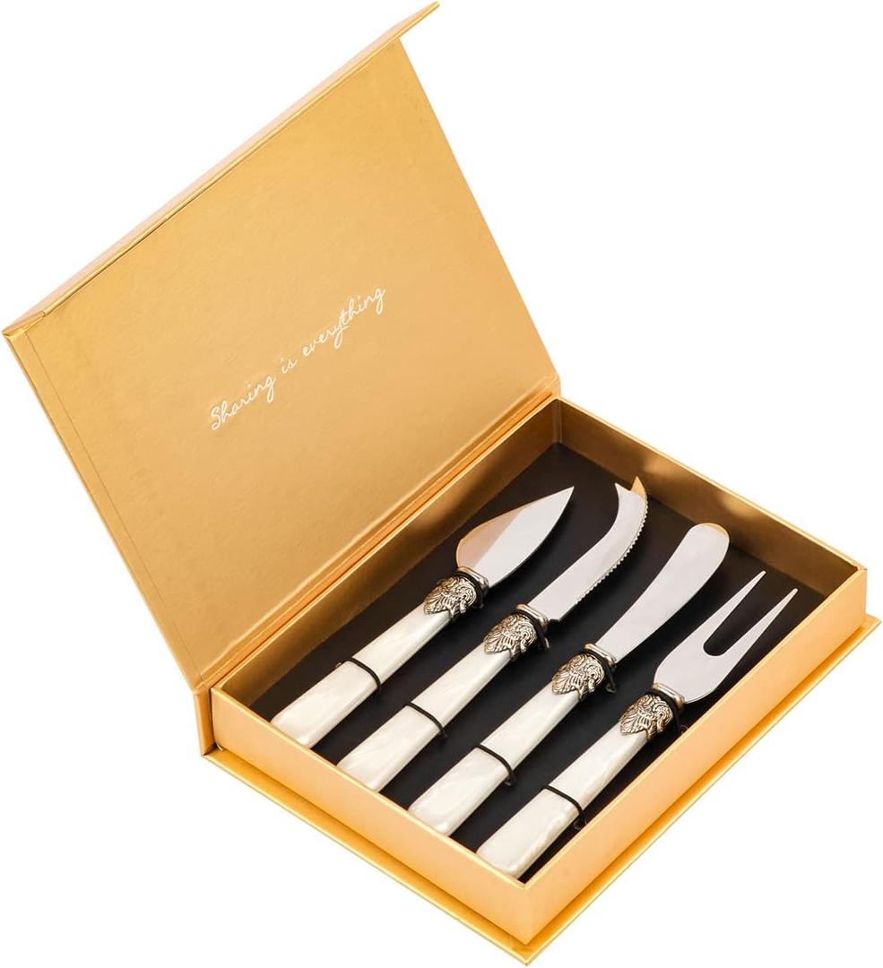 4-Piece Cheese Knive Set With Gift Box Stainless Steel Knife With Pearl Handle,Suitable For Parties And Festivalsfor Charcuterie Boards Accessories (White)