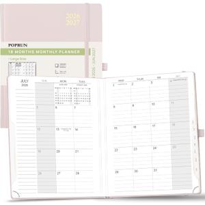 POPRUN Monthly Planner 2026-2027, Large-8'' x 10'', 18-Month Calendar Book (Jan.26 - Jun.27), Calendar Planner with Monthly Tabs, Storage Pocket, Hardcover, 100 GSM Paper - Light Pink