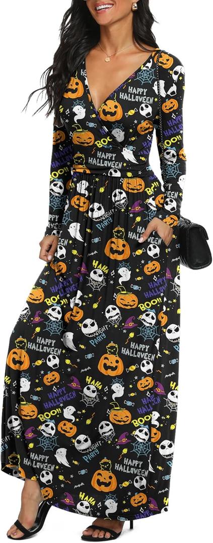 LILBETTER Women Long Sleeve Deep V Neck Loose Plain Long Maxi Casual Dress (Black, S)