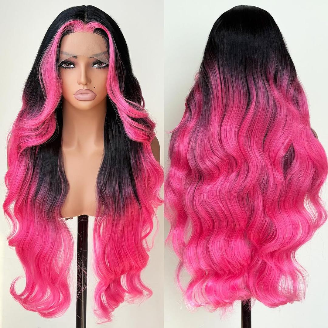 FABLLE Hot Pink stripe Lace Front Wig Synthetic Wig Black and Hot Pink Highlight Body Wave HD Lace Frontal Glueless Pre Plucked Bleached Knots Skunk Stripe 30 Inch
