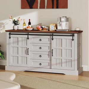 YITAHOME Farmhouse Buffet Cabinet with Storage, 59" Sideboard Cabinet w/Sliding Barn Doors and 4 Drawers, Kitchen Cabinets for Living Room, White Oak