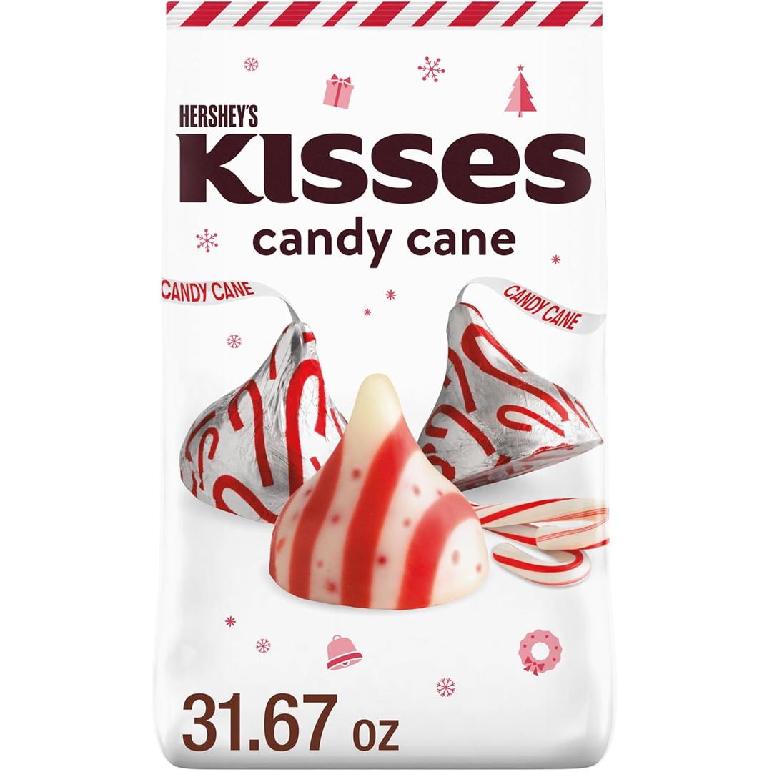 HERSHEY'S KISSES Candy Cane Flavored, Christmas Candy Bulk Bag, 31.67 oz, BBD 10/2026
