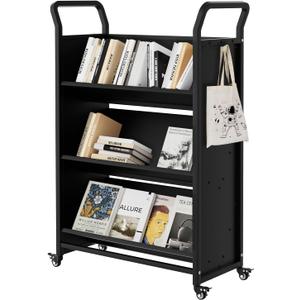GarveeHome Book Cart, V-Shaped Metal Rolling Cart with 4 Lockable Wheels & Side Hooks, 3-Tier Storage Bookshelf for Home Library School Office Study(32 in x14 in x49 in), Black