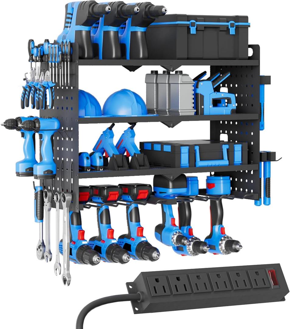 Power Tool Organizer Wall Mount with Charging Station, Drill Holder, Heavy Duty Storage Utility Racks, Supports 600 lbs,Battery Shelf for Garage and Workbench (24 Inch 6 Drills Holder)