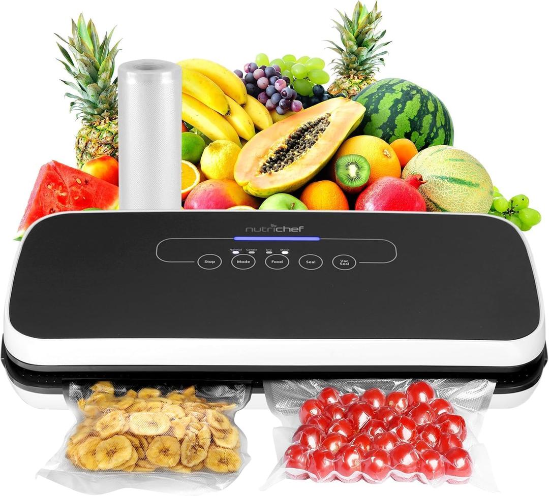 NutriChef Automatic Vacuum Air Sealing System for Food Preservation with Starter Kit, Compact Design, Lab Tested, Dry & Moist Food Modes with Led Indicator Lights, Black (14.1 x 6.0 x 3.0)
